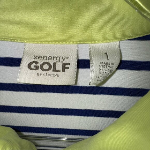Chicos Zenergy Gold Dress Blue White striped Women’s 1 Lime 1/2 Zip Pockets - Picture 3 of 6